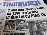 Trang nhất của tờ Thanh Niên sau khi hai nhà báo bị bắt