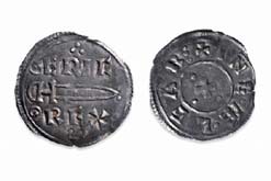 Silver penny of Eric Bloodaxe. Viking, AD 947-54 York, England.