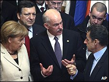 Greek PM George Papandreou (centre) with leaders of France, Nicolas Sarkozy and Germany, Angela Merkel