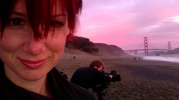 Aleks Krotoski on a beach in front of the Golden Gate bridge in San Francisco