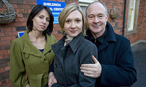 River City new cast members pictured at the show's set in Dumbarton. L-R: Samia Rida who plays Dr Sammi Amira, Frances Grey who plays Marianne McKee and Ewan Stewart who plays Daniel McKee