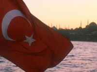Flag of Turkey with view of Suleymaniye Mosque, Istanbul
