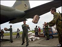 Vykládání humanitární pomoci z letadel