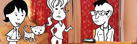 Helen, Alice and Khalid in the sitting room