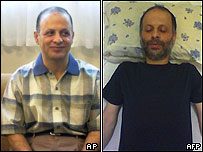 عکس راست: اکبر گنجی در اعتصاب غذا در اوین. عکس چپ: گنجی در زمان مرخصی در پايان ماه مه