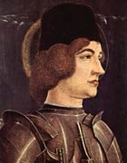 Close-up on the face of an armoured Saint George