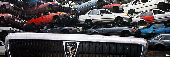 Rover cars destined for the scrap heap at a car breakers yard near York, Friday 15 April, 2005, following the announcement of the end of car production at the MG Rover plant / Press Association