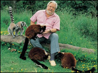 Gerald Durrell with lemurs (c) Durrell