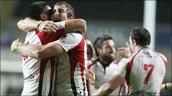 Ulster celebrated a 20-16 win over the Ospreys at the Liberty Stadium