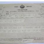 Telegram sent 29 December 1941 from Singapore to Tonbridge, Kent Telegram sent 29 December 1941 from Singapore to Tonbridge, Kent