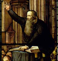 Stained glass window showing John Knox preaching