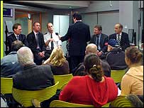 Radio presenter interviewing.