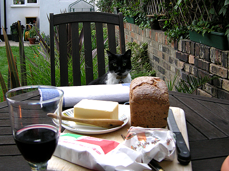 Bread and butter on a table