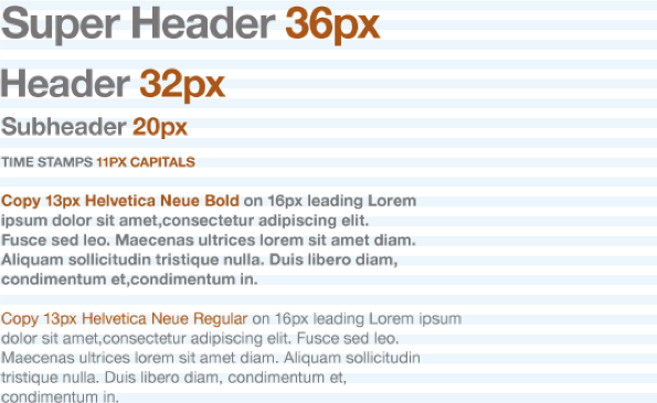 Headers in 36px, 32px, 20px; Time stamps in all caps 11px; Copy in 13px; all Helvetica