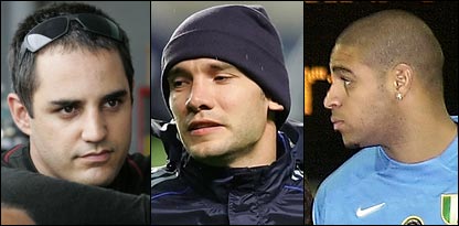 Juan Pablo Montoya (izq.), Andriy Schevchenko (centro) y Adriano (der.)