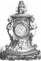 A illustration showing a ornamental clock displayed at the Great Exhibition, 1851