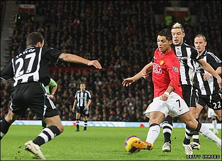 Christiano Ronaldo plays the ball in the Manchester United v Newcastle match