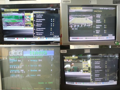Screenshots of Wimbledon - clockwise it's Sky, Freeview, Virgin Media and Ceefax