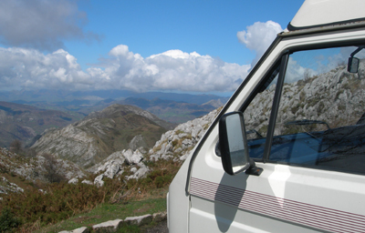 Campervan looking out over mountains