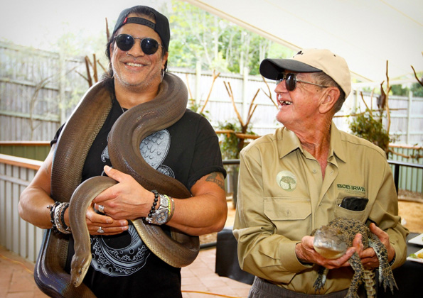 Former Guns N' Roses guitarist Slash meets conservationist Bob Irwin at the Lone Pine Koala Sanctuary in Brisbane, Australia 
