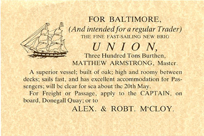 advertisement for passage on a ship bound for Baltimore