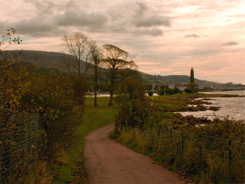 Colour view of coastal path leading to Battle of Largs Monument.
