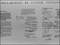 1942 में संयुक्त राष्ट्रों का घोषणा-पत्र:तस्वीर संयुक्त राष्ट्र की वेबसाइट के सौजन्य से