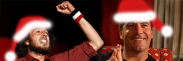 Zac De La Rocha and Simon Cowell in Santa hats