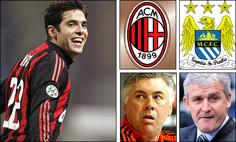 Kaka, huấn luyện viên AC Milan Ancelotti và HLV Man City Mark Hughes