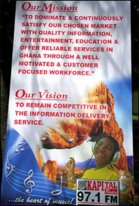 A poster detailing Kapital FM's mission and vision.