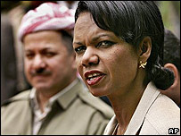 Condoleezza Riceová v Iráku s Masúdem Barzáím