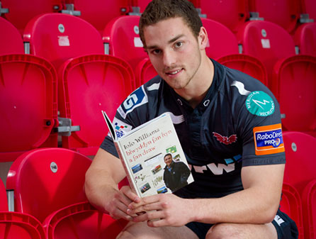 George North reading at Parc y Scarlets. Photo: Patrick Olner/Welsh Books Council