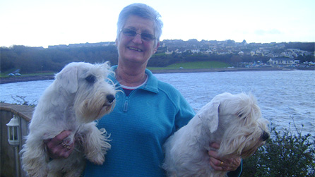 Janet Wonnacot, with Sealyham terriers Gracie and Bella.