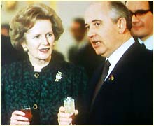 Mikhail Gorbachev meets Margaret Thatcher at the Kremlin.