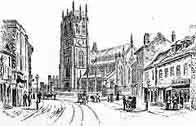 Illustration of Leeds Parish Church and the high road leading up to it