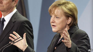 German Chancellor Angela Merkel giving a speech about nuclear power