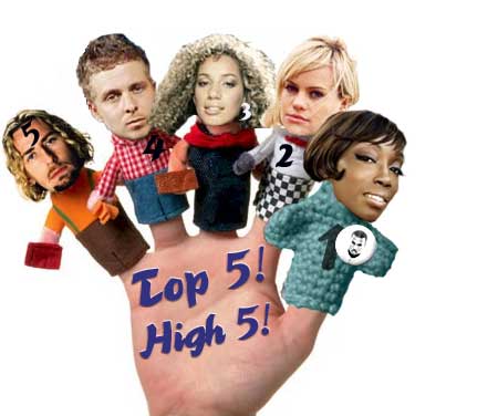 1 - Estelle, 2 - Duffy, 3 - Leona Lewis, 4 - OneRepublic, 5 - Nickelback