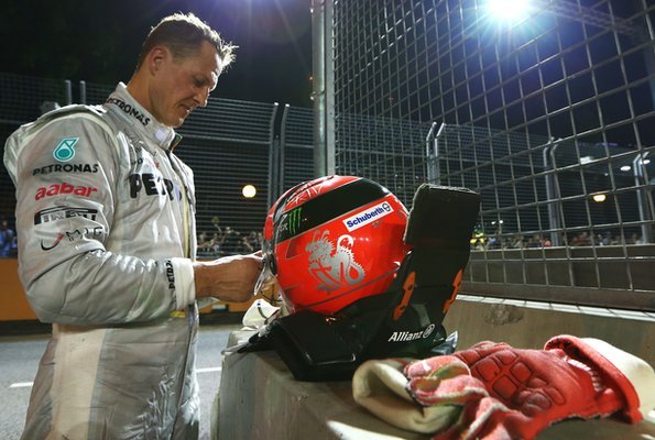 Michael Schumacher after the crash with Jean-Eric Vergne in Singapore