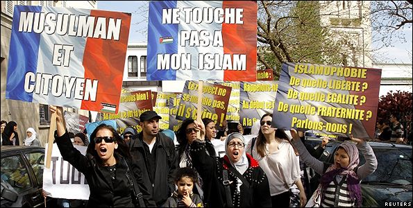 Protest in Paris against French Islam debate, 2 Apr 11