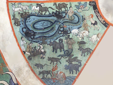 A section of the wheel diagram shows the animal realm. The animals are not having a pleasant time of it. They are at the mercy of monsters and being captured and killed by humans