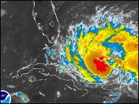 Tempestade tropical Rita (foto infravermelha do satélite GOES, divulgada pelo Centro Nacional de Furacões dos EUA)