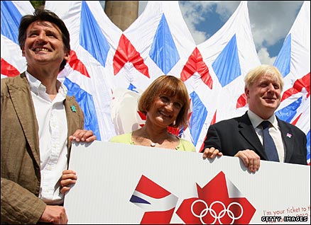 Lord Sebastian Coe, chairman of Locog, Olympic minister Tessa Jowell and London Mayor Brois Johnson