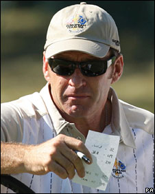 Nick Faldo holds a list - possibly revealing his pairings