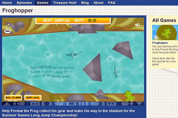 Screengrab of the Froghopper game - part of the BBC Code Challenge
