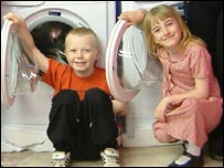 Children with washing machine