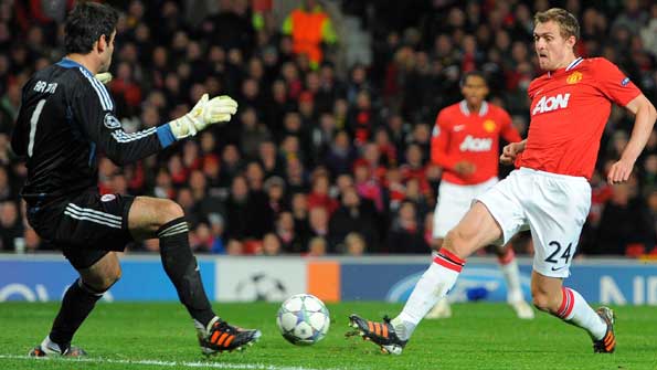 Darren Fletcher scores for Manchester United against Benfica in the Champions League in November