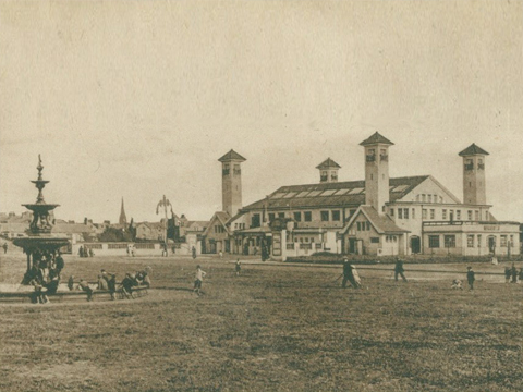 Black and white view looking across Ayr Low Green to fountain and Ayr pavilion.
