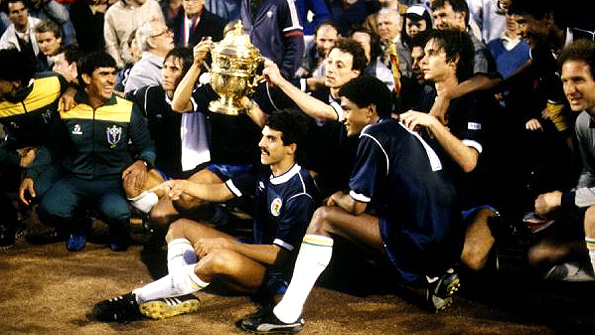 How to get Brazilian talent in Scotland jerseys? Swap shirts! Here, Brazil celebrate a 2-0 win over Scotland at Hampden in the Rous Cup in 1987. Photo: SNS