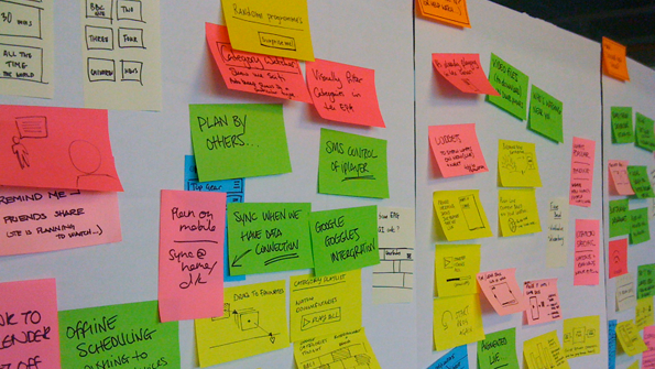 Surface with lots of multi-coloured sticky notes saying things like