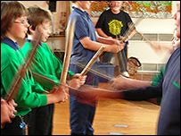 Morris sticks flying as Dave Hunt looks on